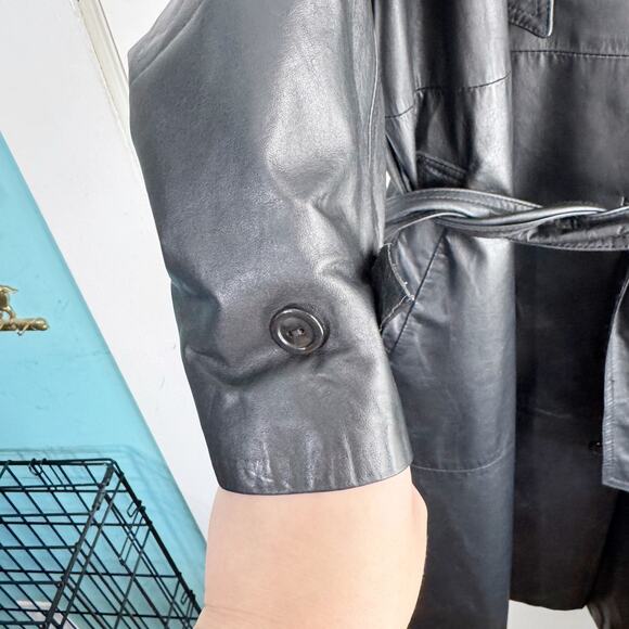 Vintage Etienne Aigner 100% Leather Trenchcoat Long Belted Black Size Medium M - Picture 5 of 16
